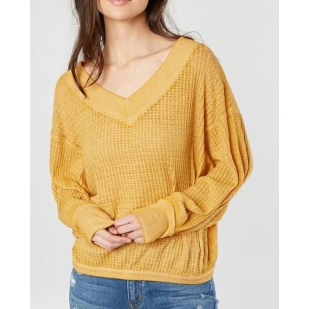 Free People We The Free South Side Thermal Waffle Knit Top S Yellow